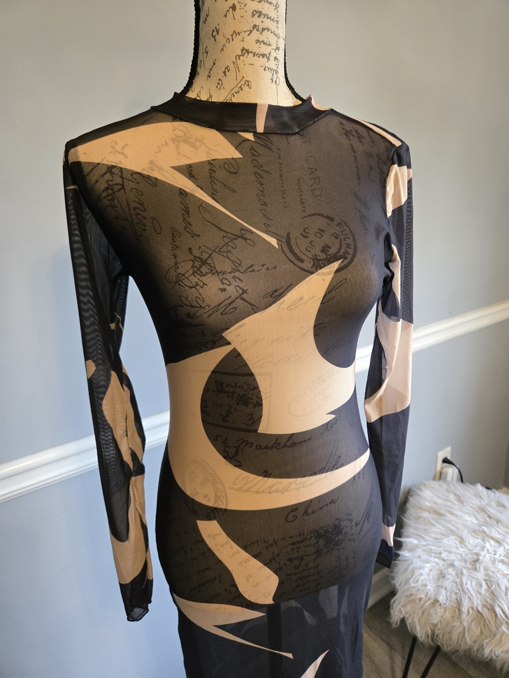 See through Maxi Dress in Beige and Black - Picture 2 of 5